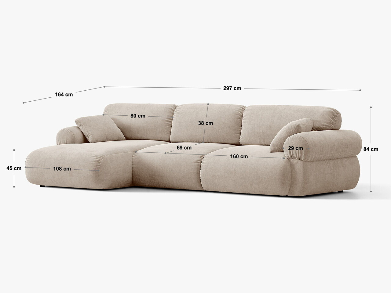 Coltar stanga 6 locuri, Ophelia, Micadoni Home, 297x164x84 cm, catifea, maro — imaginea 6
