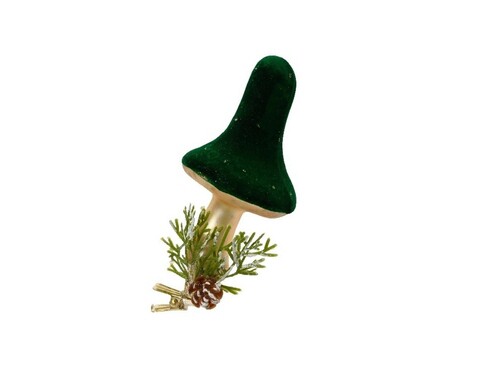Decoratiune brad cu clips mushroom, decoris, 6x7 cm, sticla, verde