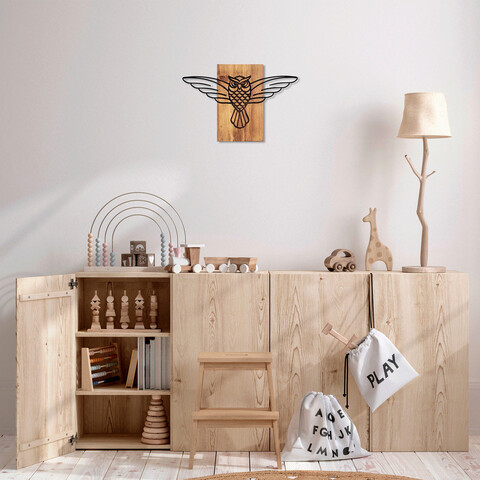 Decoratiune de perete, owl, 50% lemn/50% metal, dimensiune: 38 x 3 x 25 cm, nuc negru