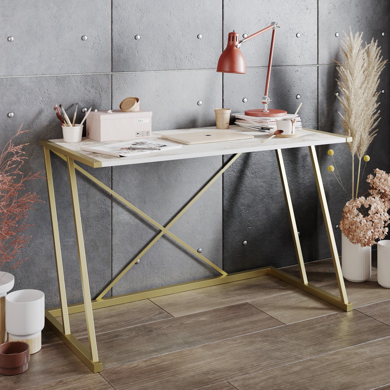 Birou Anemon, Hadley, 120x60x75 cm, PAL, alb/auriu