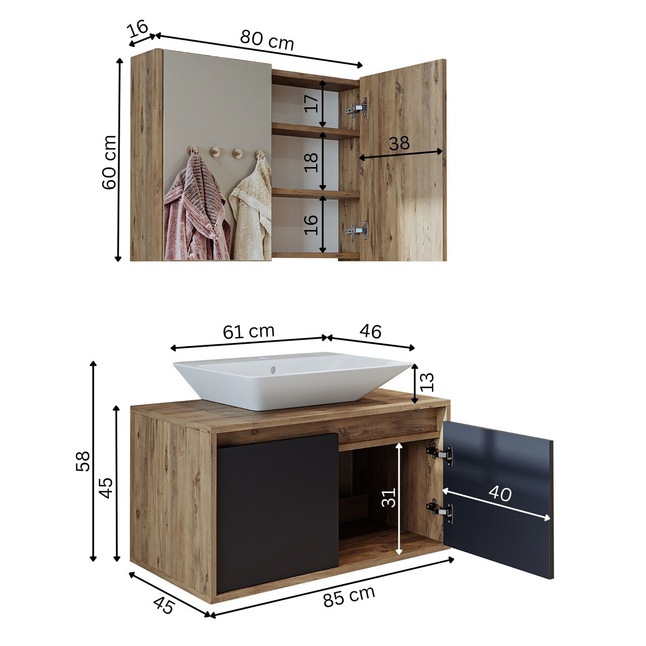 Set Dulap de Baie cu Chiuvetă și Oglindă (2 Piese), Hanah Home, 1710, MDF-LAM, Pin Atlantic / Antracit — imaginea 7