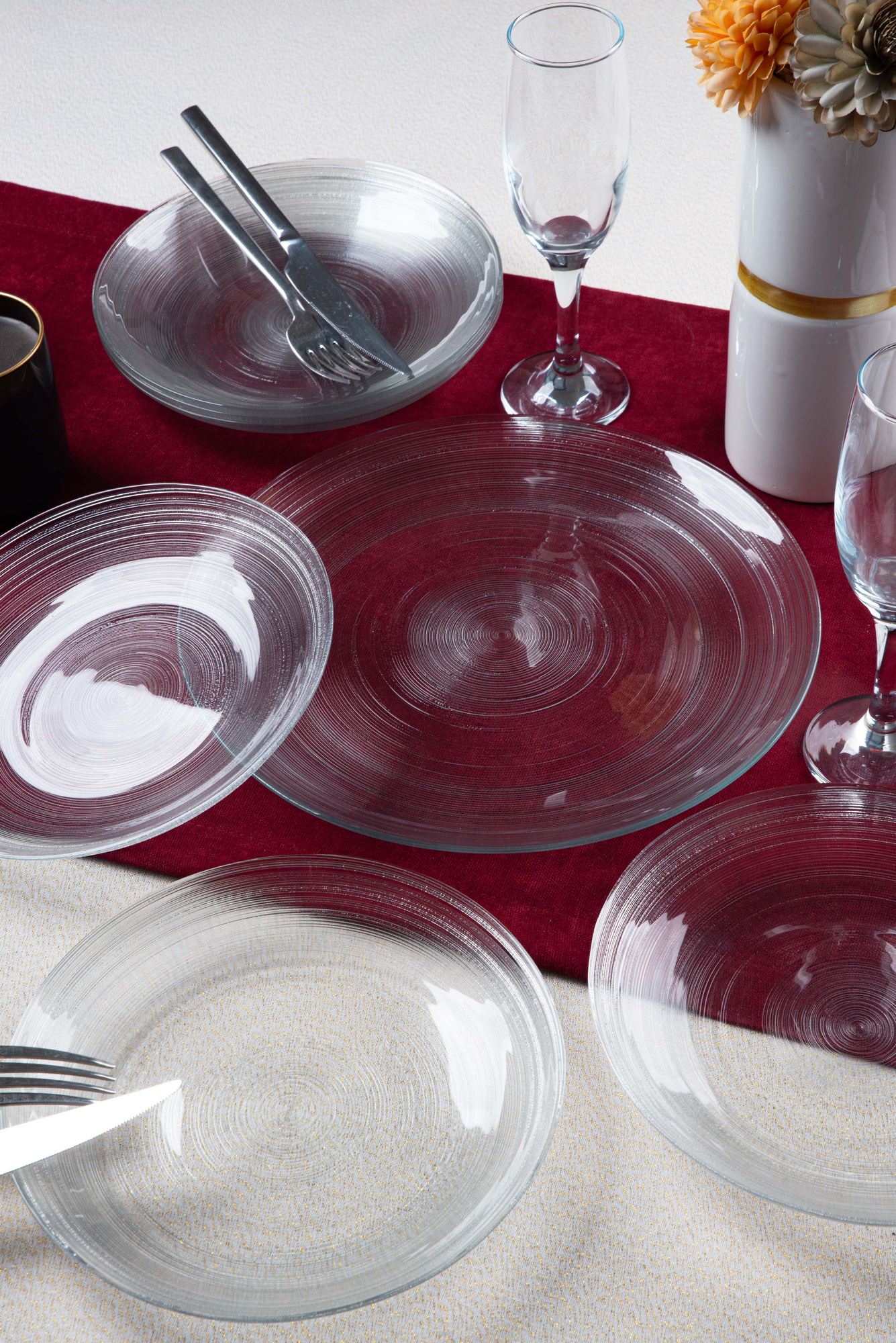 Set platouri servire desert, Hermia, 858CMR1905, Sticla, Farfurie de servire: 25 cm (1 bucată), Transparent