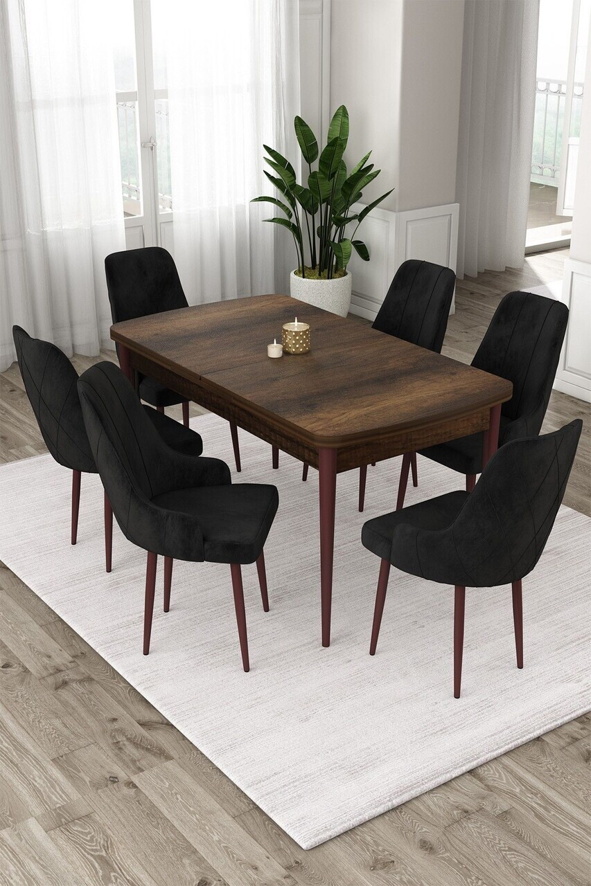Set masa extensibila si scaune (7 piese), Hanah Home, Eta, Model baroc din lemn / Negru