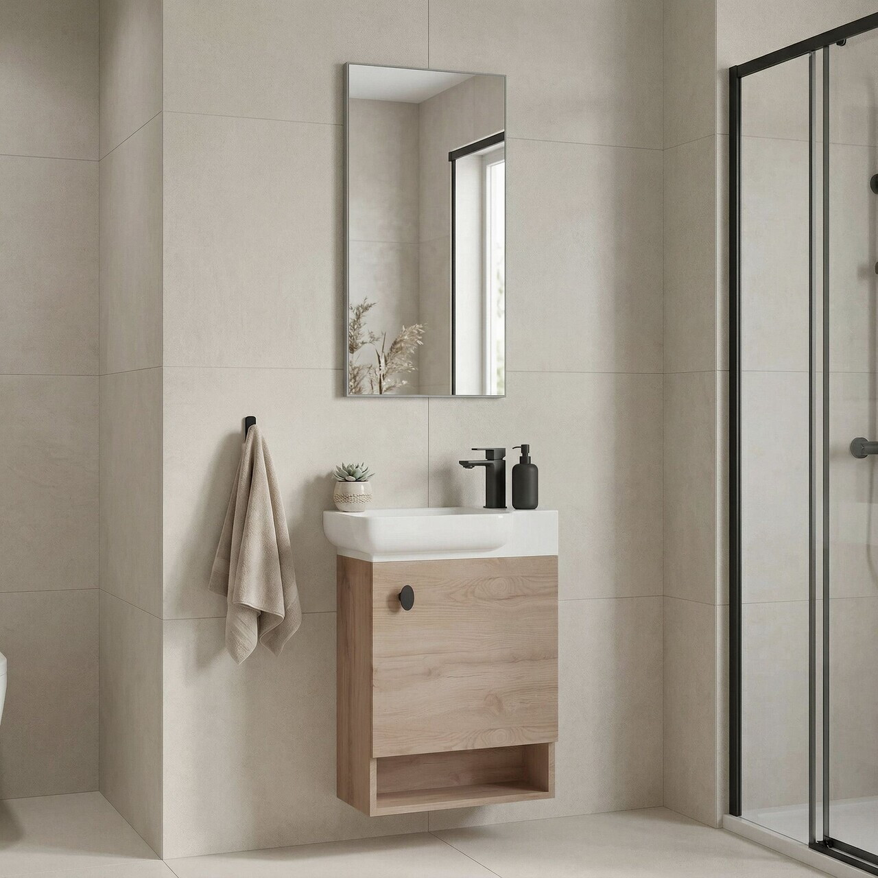 Set Dulap de Baie cu Chiuvetă și Oglindă (2 Piese), Hanah Home, Begonya 55, Stejar
