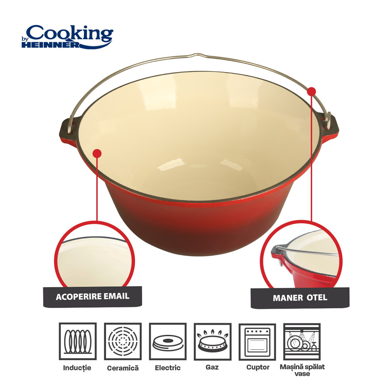Ceaun Cooking by Heinner, 37x17.5 cm, 10 L, fonta emailata, rosu — imaginea 6