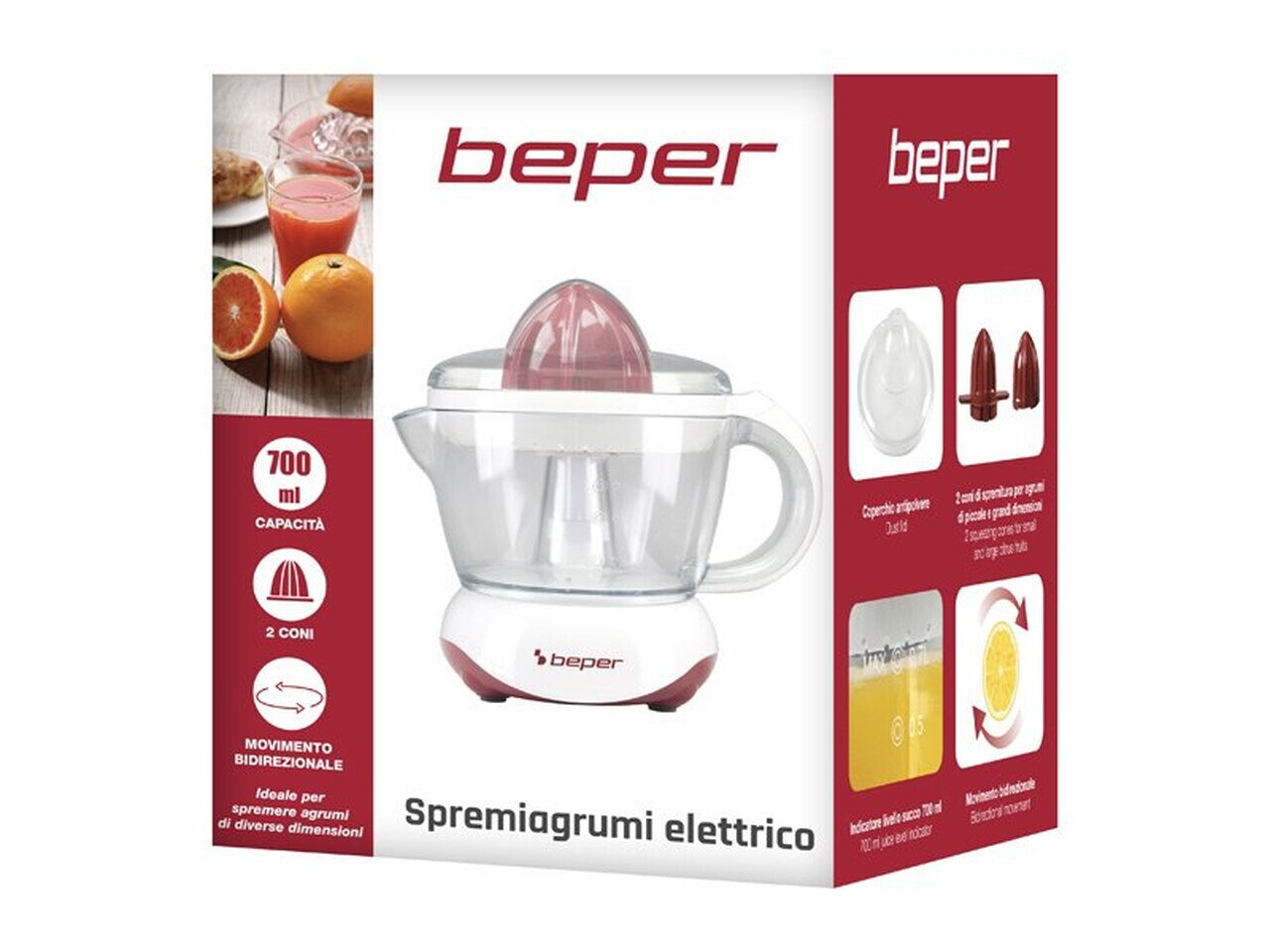 Storcator electric de citrice Beper, 20.5x14.5x20.5 cm, 25W, 700 ml, ABS, alb/rosu - view 8