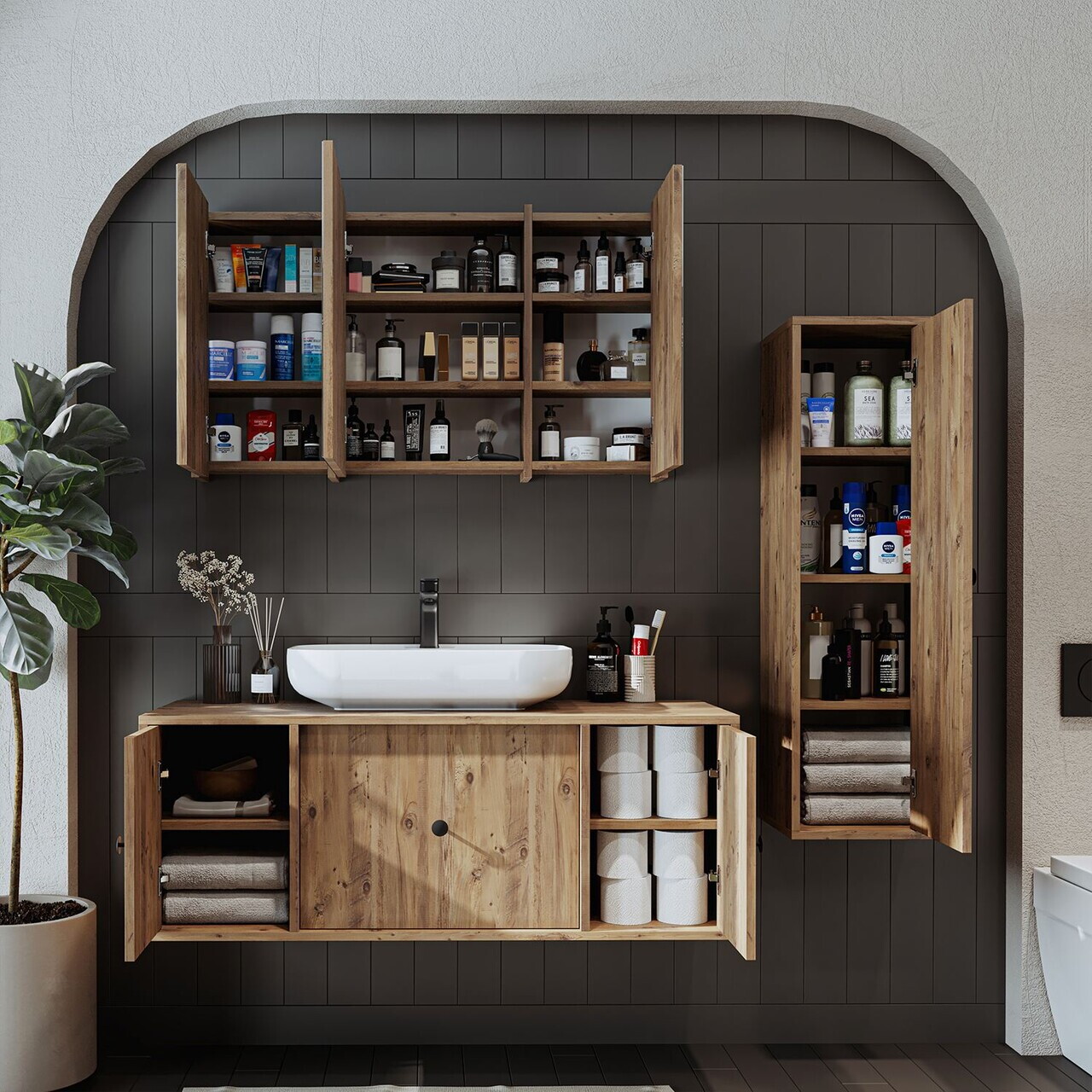 Set Dulap de Baie cu Chiuvetă și Oglindă (3 Piese), Hanah Home, 2577, MDF, Maro — imaginea 4