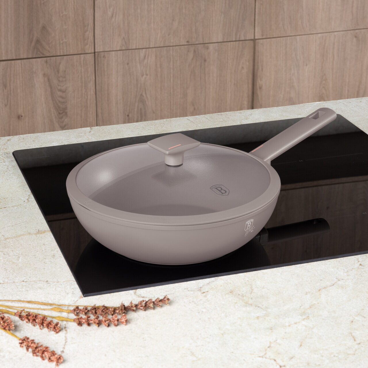 Tigaie Wok cu capac Berlinger Haus, Taupe, 28 cm, 3.2 L, aluminiu forjat, taupe mat - imagine 3