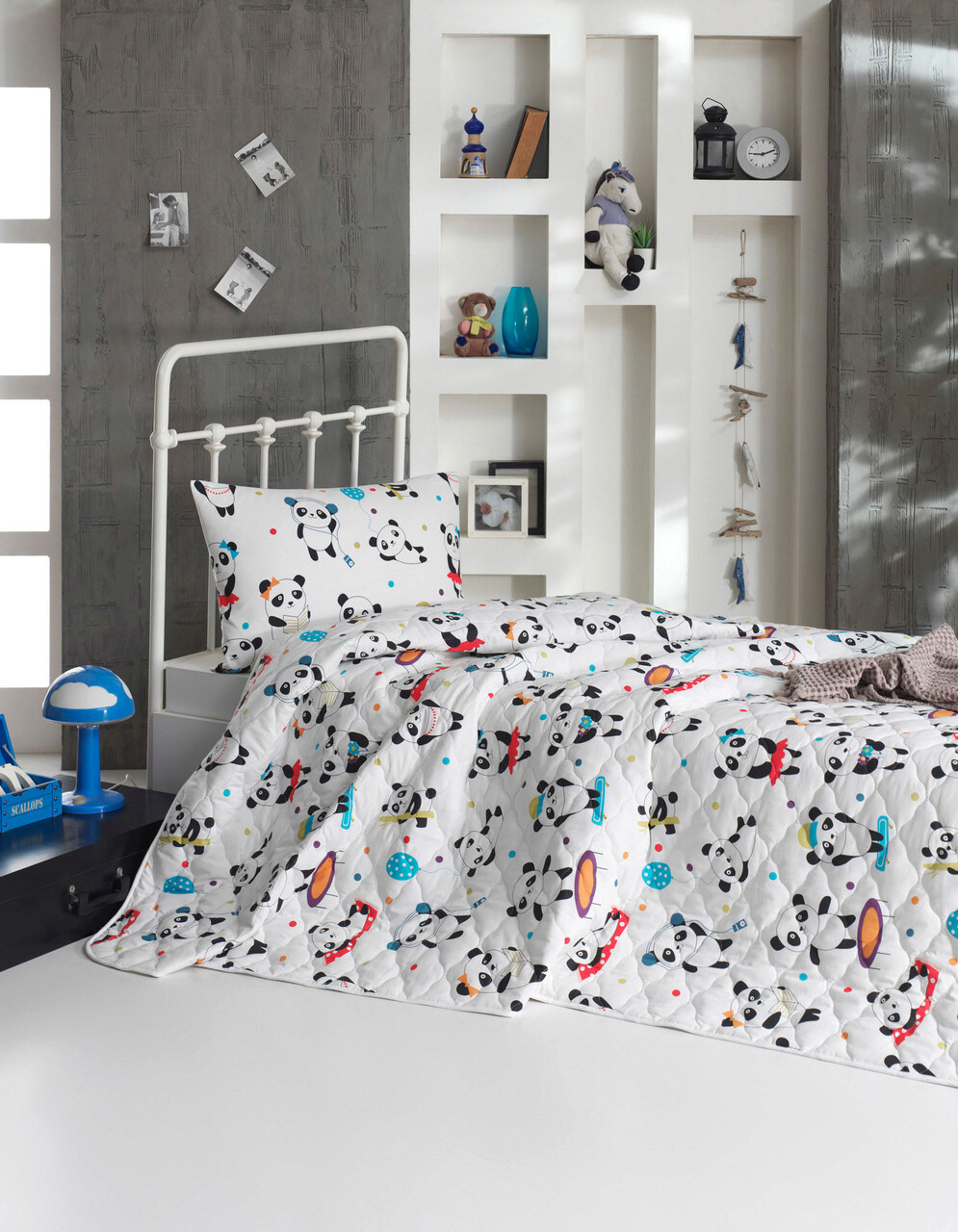 Set cuvertura dubla 3 piese, Love Pandas - White, EnLora Home, Bumbac Ranforce