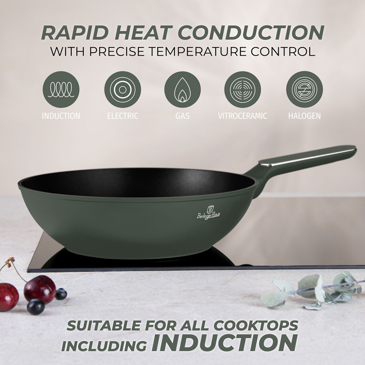 Tigaie Wok cu capac Berlinger Haus, Matte Green, 28 cm, 3.2 L, aluminiu forjat, verde mat - imagine 9
