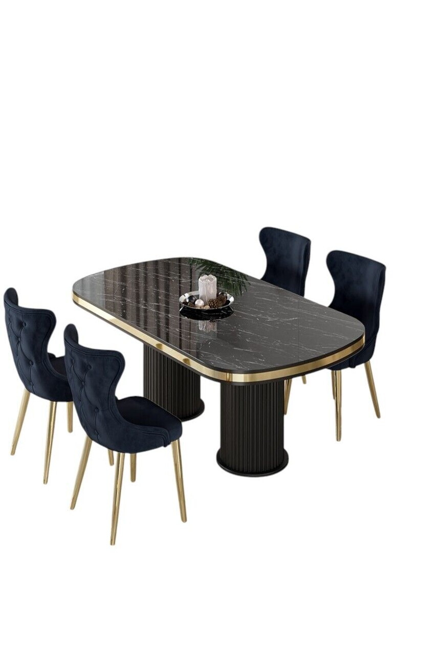 Set masa si scaune (5 piese), Hanah Home, Galya, Model de marmură neagră / Auriu / Antracit — imaginea 2