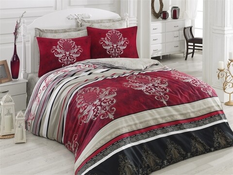 Lenjerie de pat dubla, 6 piese, 200x220 cm, 100% bumbac satinat, cotton box, azra, rosu claret