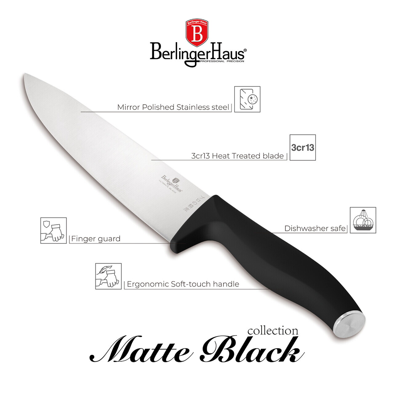 Set 5 cutite cu tocator Berlinger Haus, Matte Black, inox/bambus, negru/natur - imagine 14