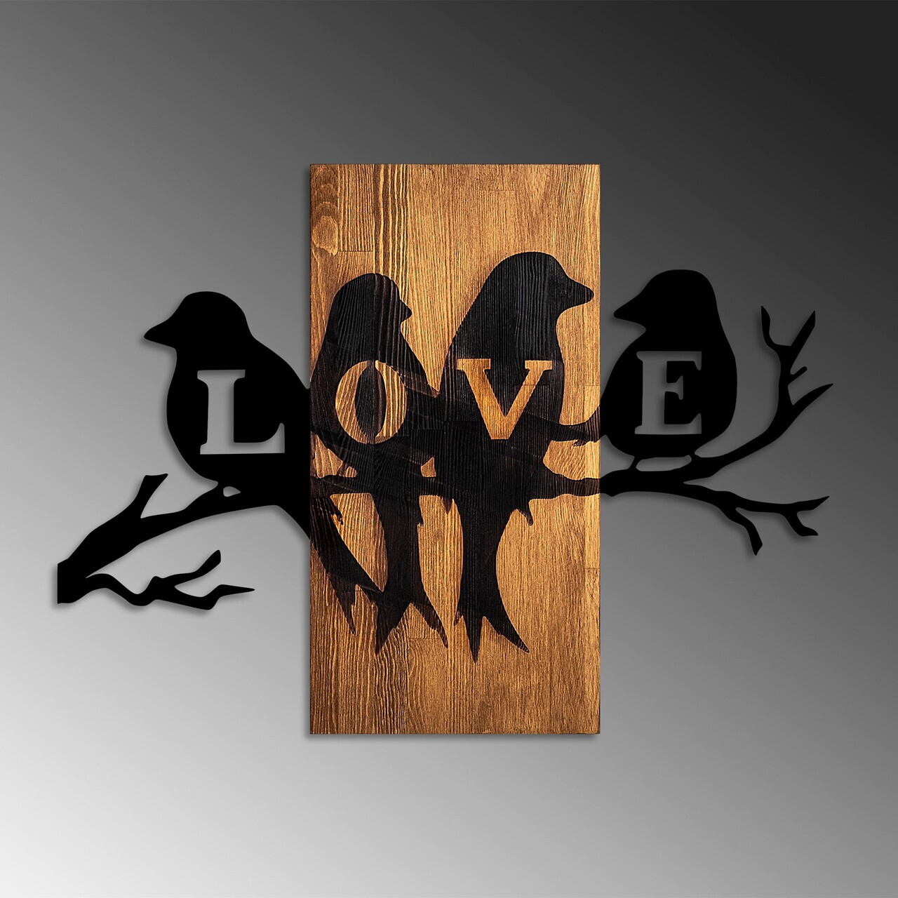 Decoratiune de perete, Love Birds, Dimensiuni: 57 x 75 cm, Nuc / Negru — imaginea 4
