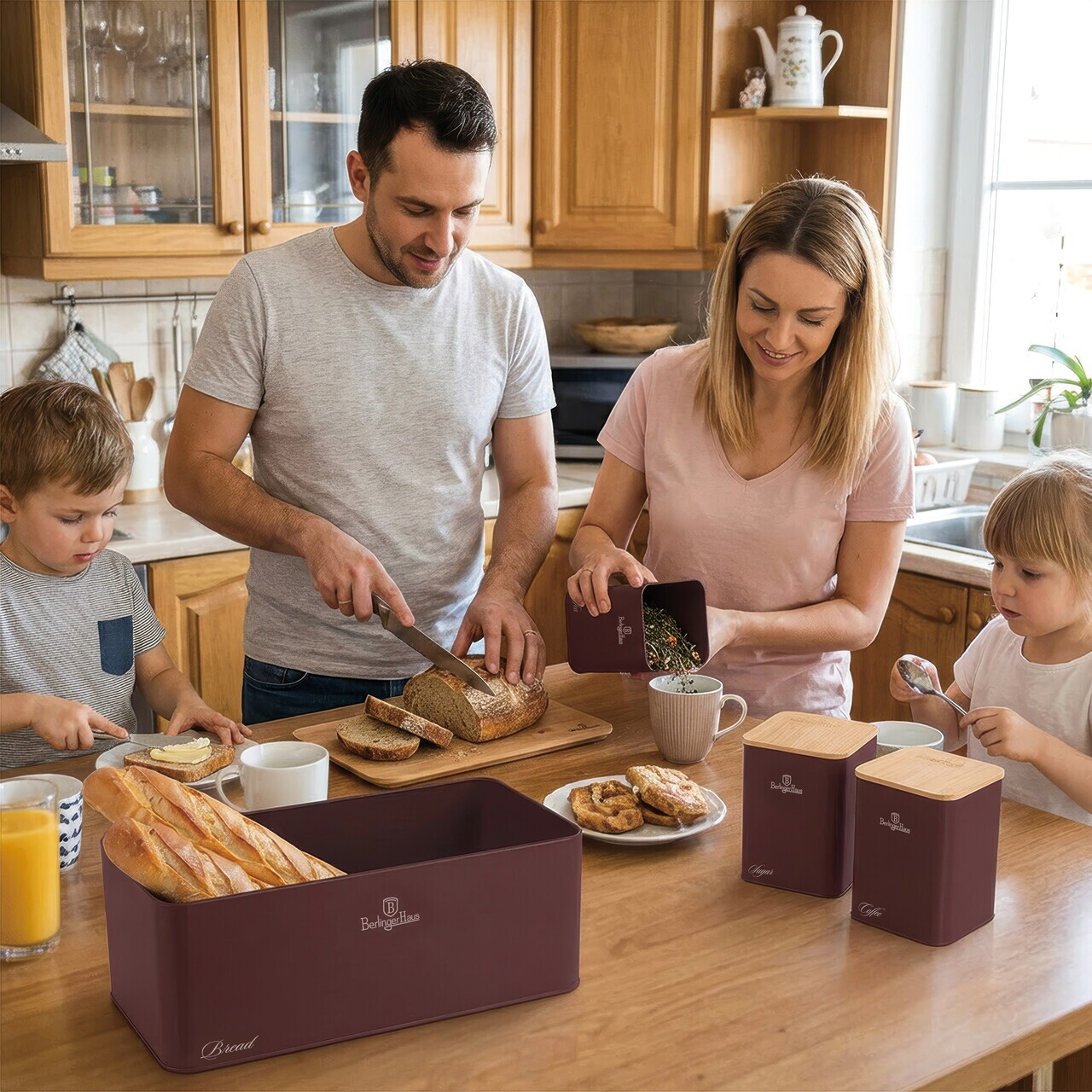 Set cutie pentru paine si 3 recipiente Berlinger Haus, Leonardo, 33x18x12 cm, otel carbon, visiniu mat/natur - imagine 6