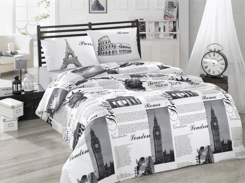 Lenjerie de pat dubla super king, 3 piese, 220x260 cm, 100% bumbac ranforce, victoria, city, negru/gri
