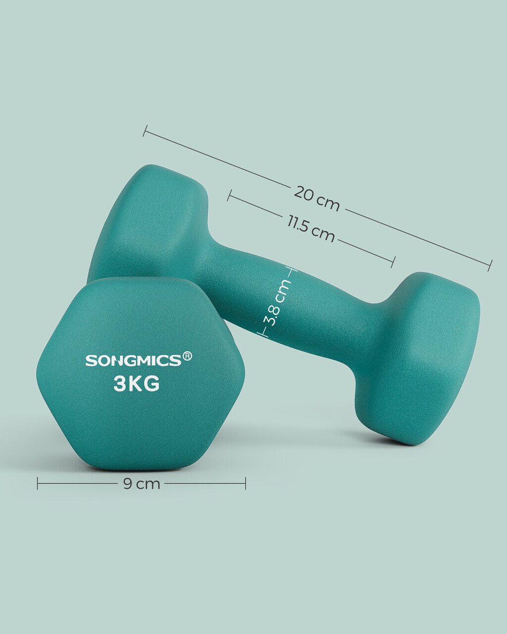 Set gantere 2 x 3 kg, Songmics, neopren, teal - imagine 2