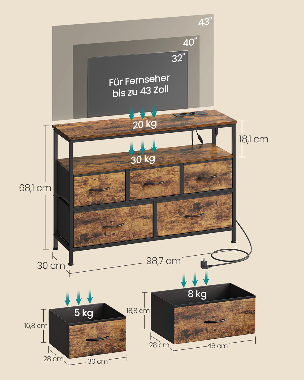 Comoda cu 5 sertare si iluminare LED, Songmics, priza integrata, 98.7x30x68.1 cm, maro rustic/negru - imagine 3