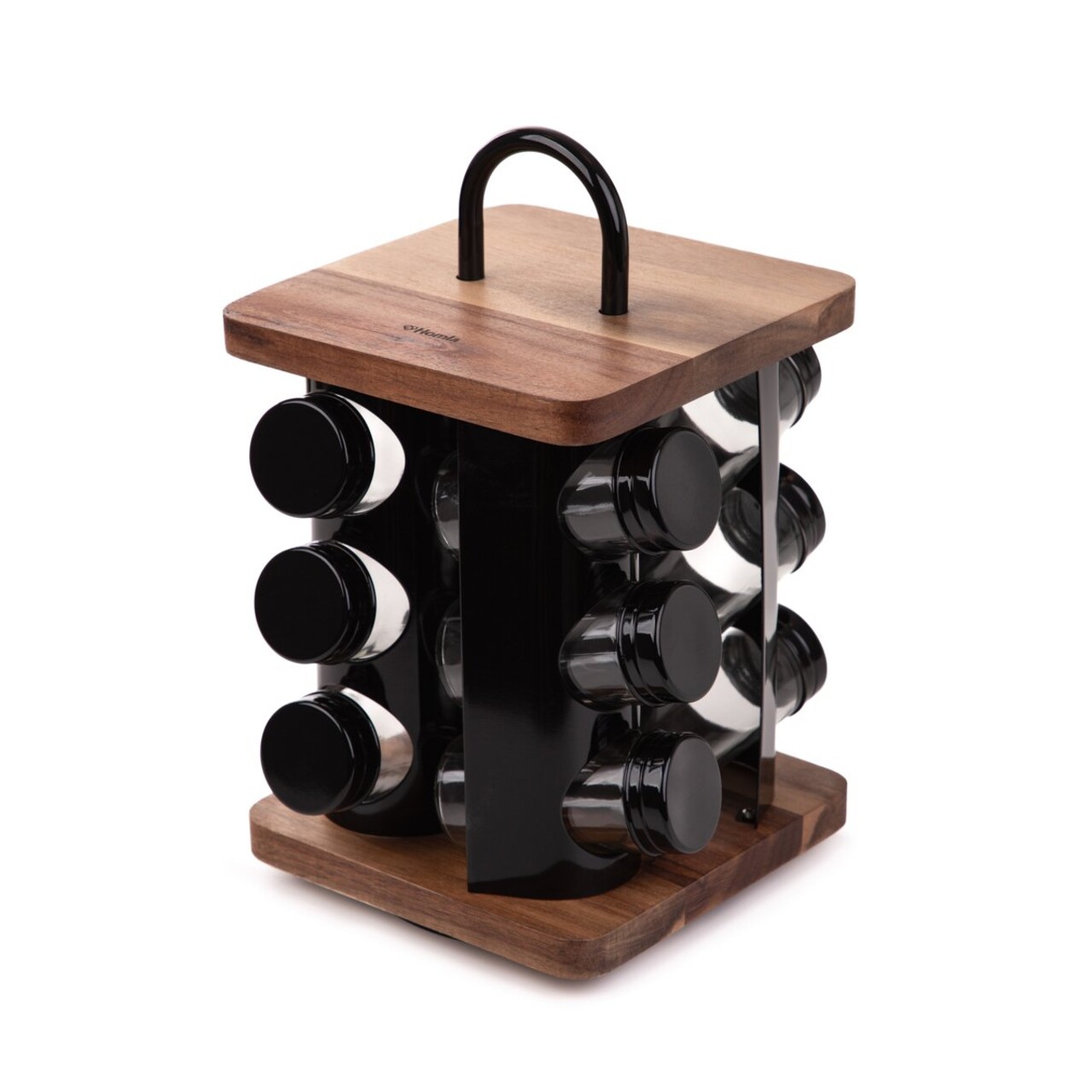 Set 12 recipiente pentru condimente si suport Lenne, Homla, 16x16x28 cm, sticla/lemn/inox, negru/maro - 1 | YEO