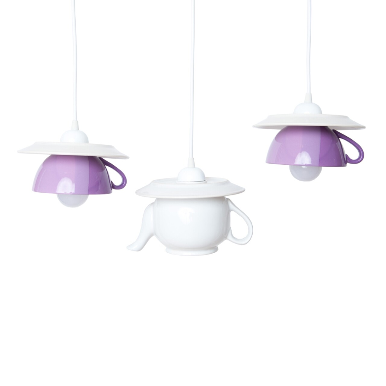 Lustra Tea Time Triple Crazy, Deco Republic, E27, 1x60W, Ceramica, Ceainic + Cesti, Alb/mov