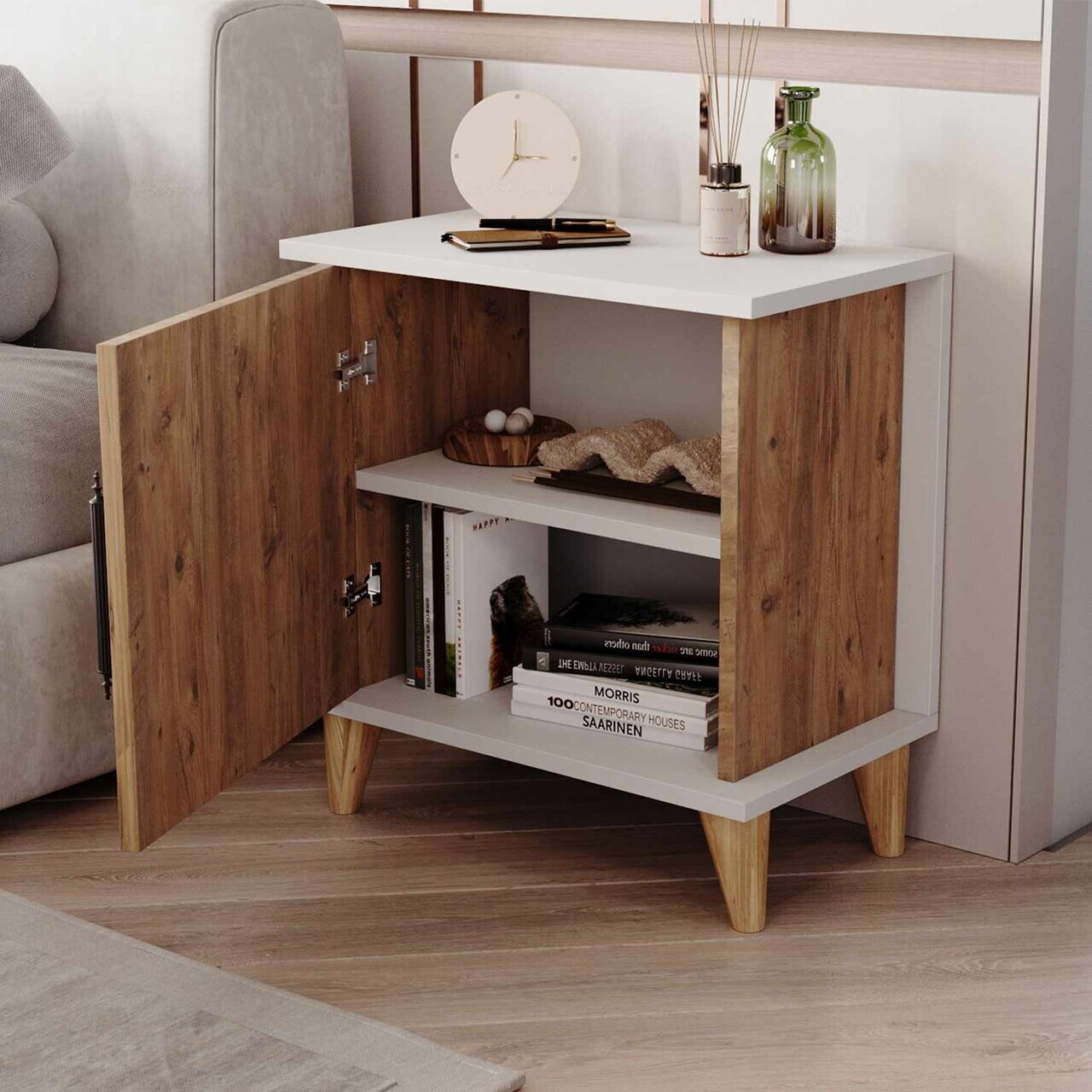 Noptiera, Hanah Home, Adela, 55x59x33 cm, Pin Atlantic / Alb — imaginea 2