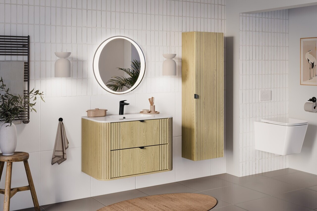 Set mobilier baie, Ovalia Cremona 80 cm, dulap inalt si masca cu lavoar, Comad, MDF/PAL, stejar - view 6