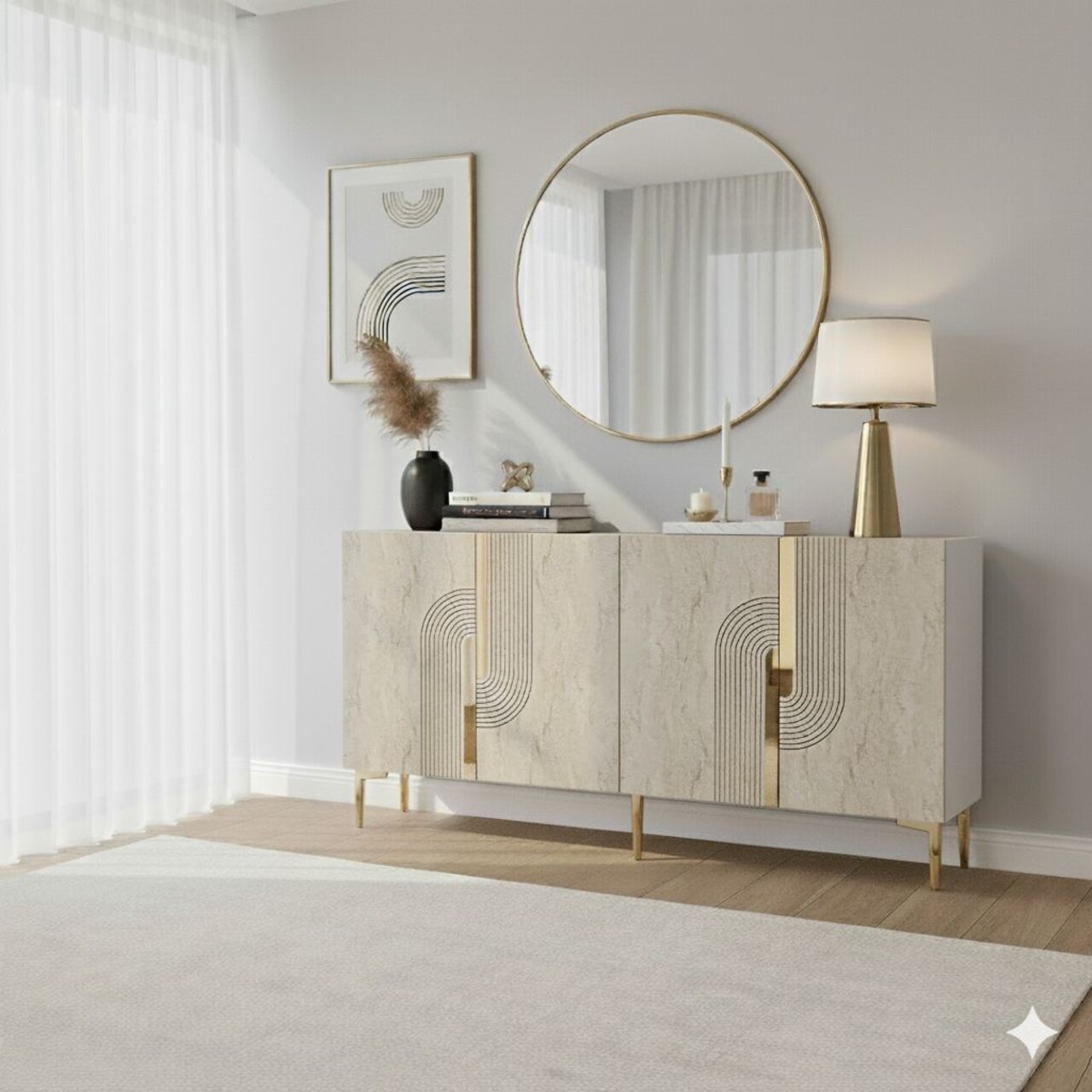 Consola, Hanah Home, Meyra 150, 150x75x32 cm, PAL , White / Travertine / Gold - view 2