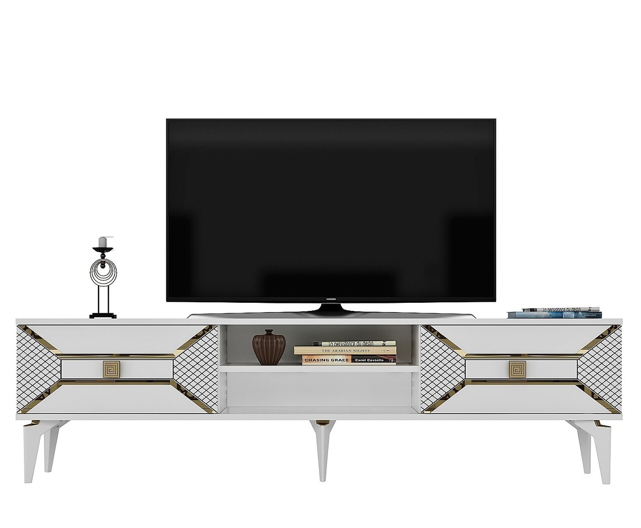 Comoda TV, Olivia, Yumedi, 150x50x30 cm, PAL , Alb/Auriu - 2 | YEO