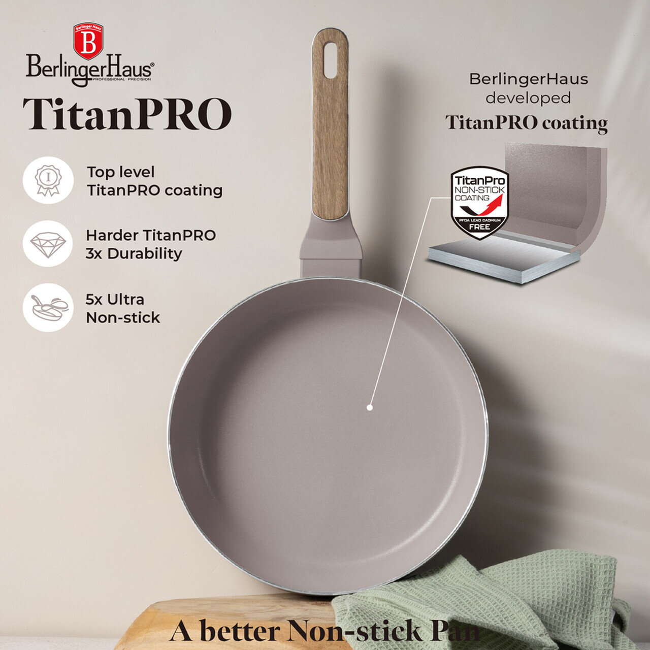 Tigaie flip Berlinger Haus, Taupe Nordic, 26 cm, aluminiu, taupe mat/natur - imagine 12