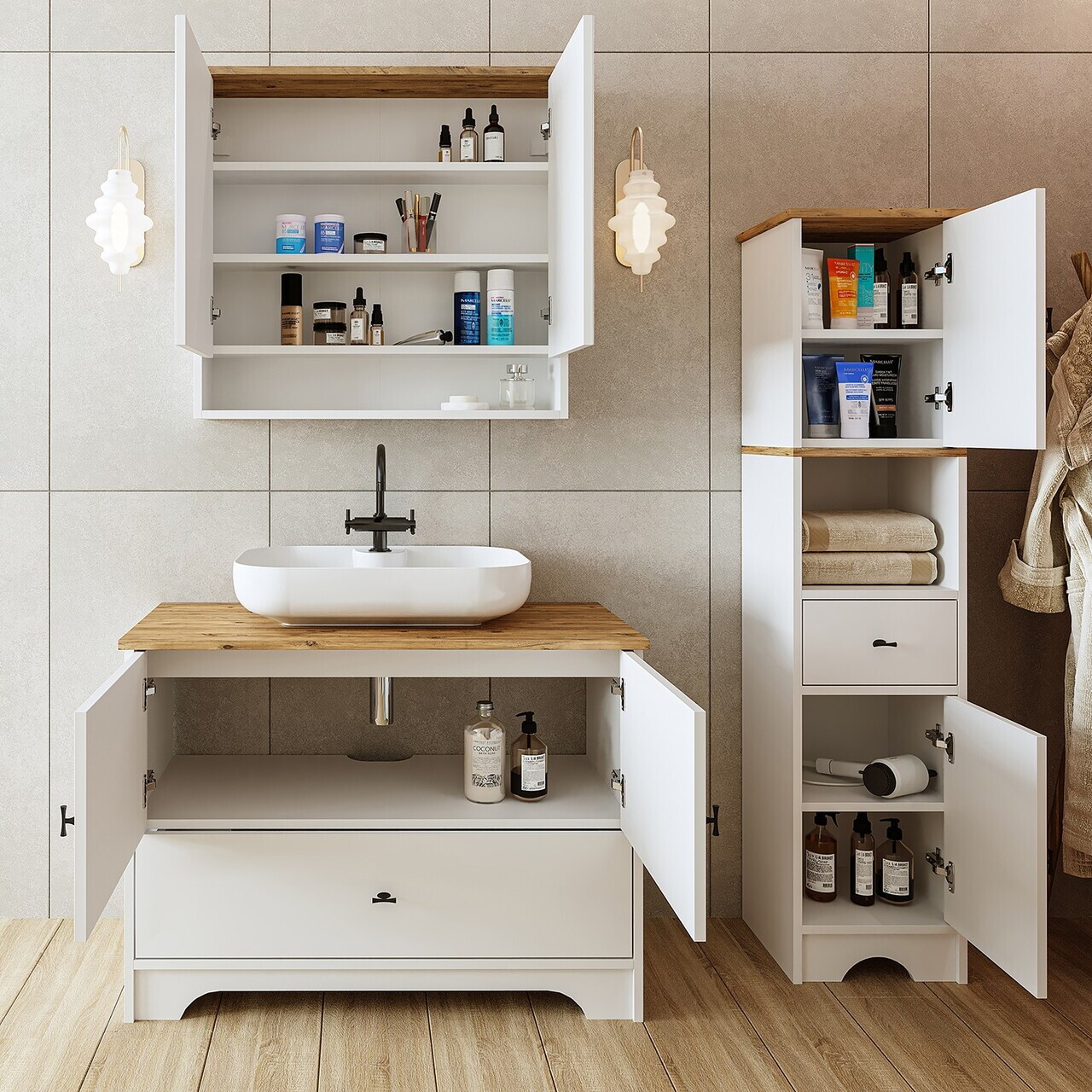 Set Dulap de Baie cu Chiuvetă și Oglindă (3 Piese), Hanah Home, 2397, MDF-LAM, Alb mat — imaginea 3