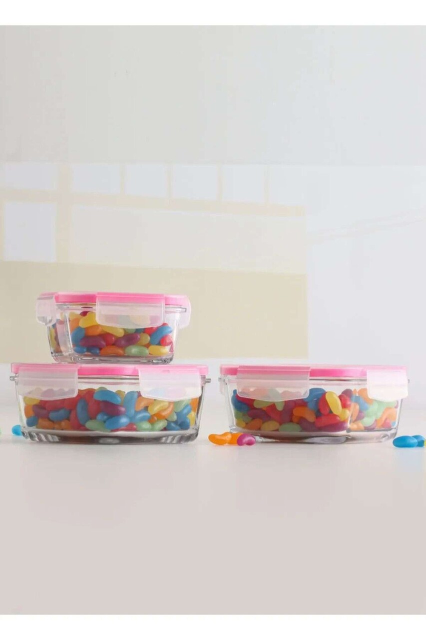 Set cutie de depozitare din sticla, Hermia, 990LAV1803, Dimensiuni cutie medie de depozitare: 14,2 x 14,2 x 5,9 cm / 720 ml (1 bucată), Roz - imagine 2