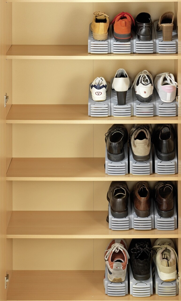 Set 4 suporturi pentru pantofi, Maximex, 10 x 12.8 x 26 cm, plastic, gri