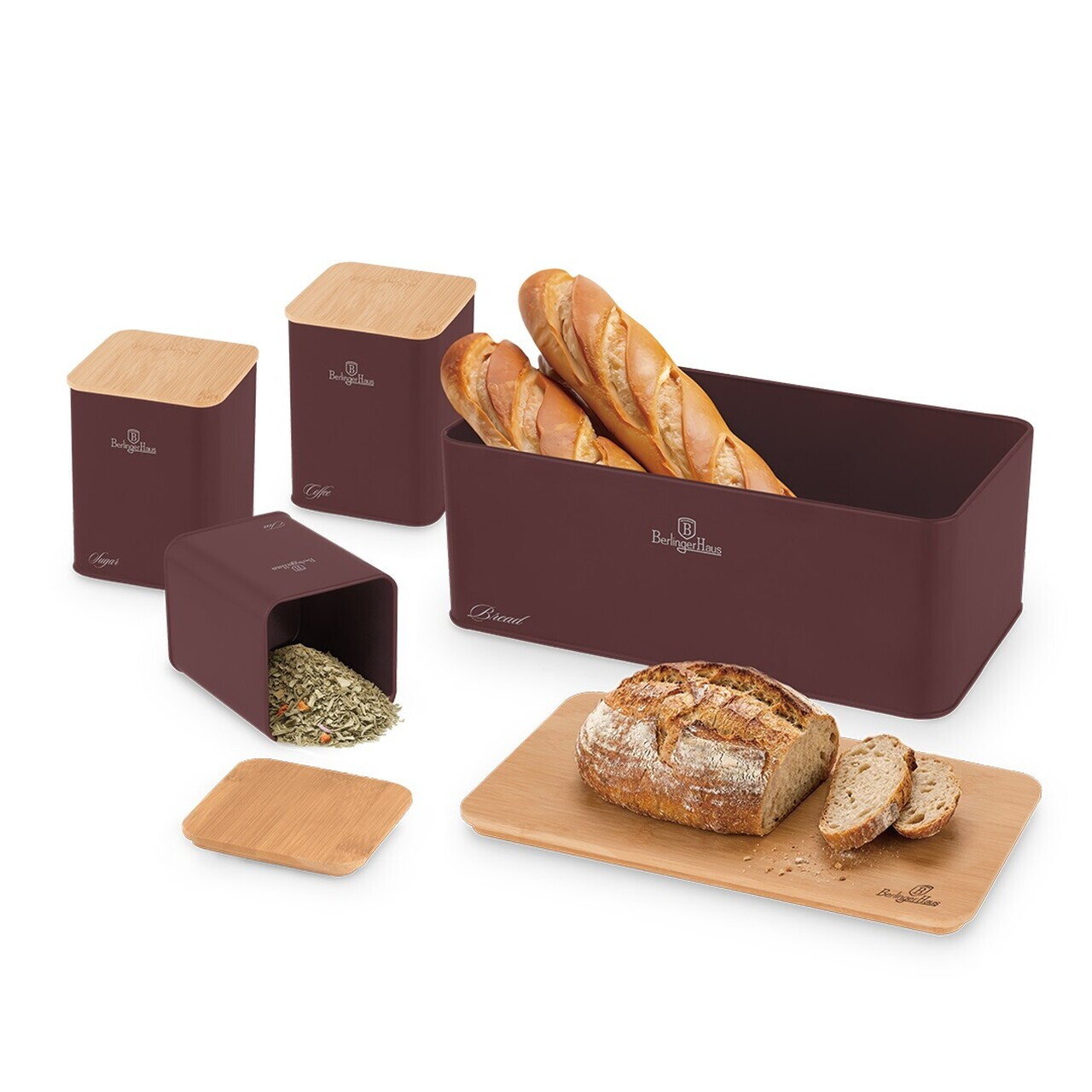 Set cutie pentru paine si 3 recipiente Berlinger Haus, Leonardo, 33x18x12 cm, otel carbon, visiniu mat/natur - view 4