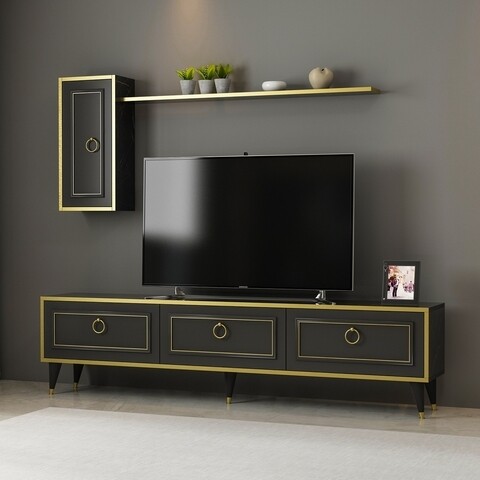 Comoda TV cu dulap de perete si polita Vals, Arnetti, 180 x 45.5 cm/30 x 62.5 cm/19 x 120 cm, negru/auriu 120 imagine noua 2022