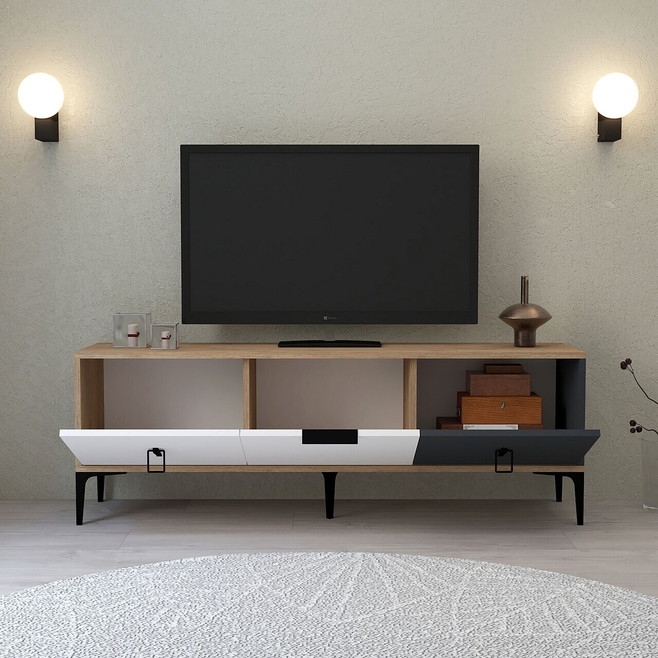 Comoda TV, Hanah Home, Neva 3501, 150x50x35 cm, PAL, Stejar / Alb / Antracit — imaginea 2