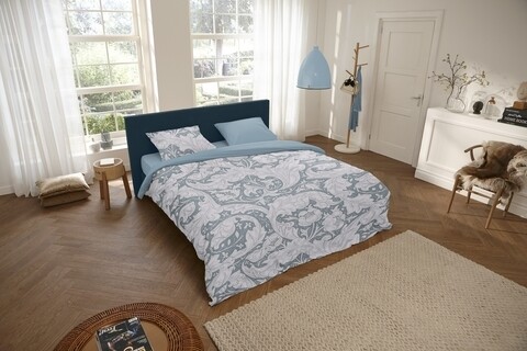 Lenjerie de pat pentru doua persoane Descanso Birza, 100% bumbac satinat, 3 piese, albastru