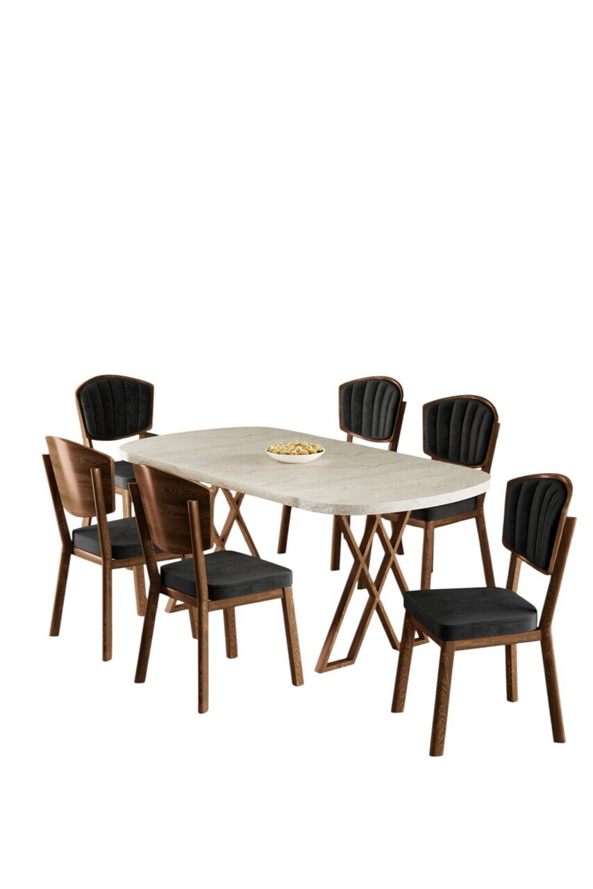 Set masa si scaune (7 piese), Hanah Home, Flori, Travertin / Aspect de lemn / Negru — imaginea 2
