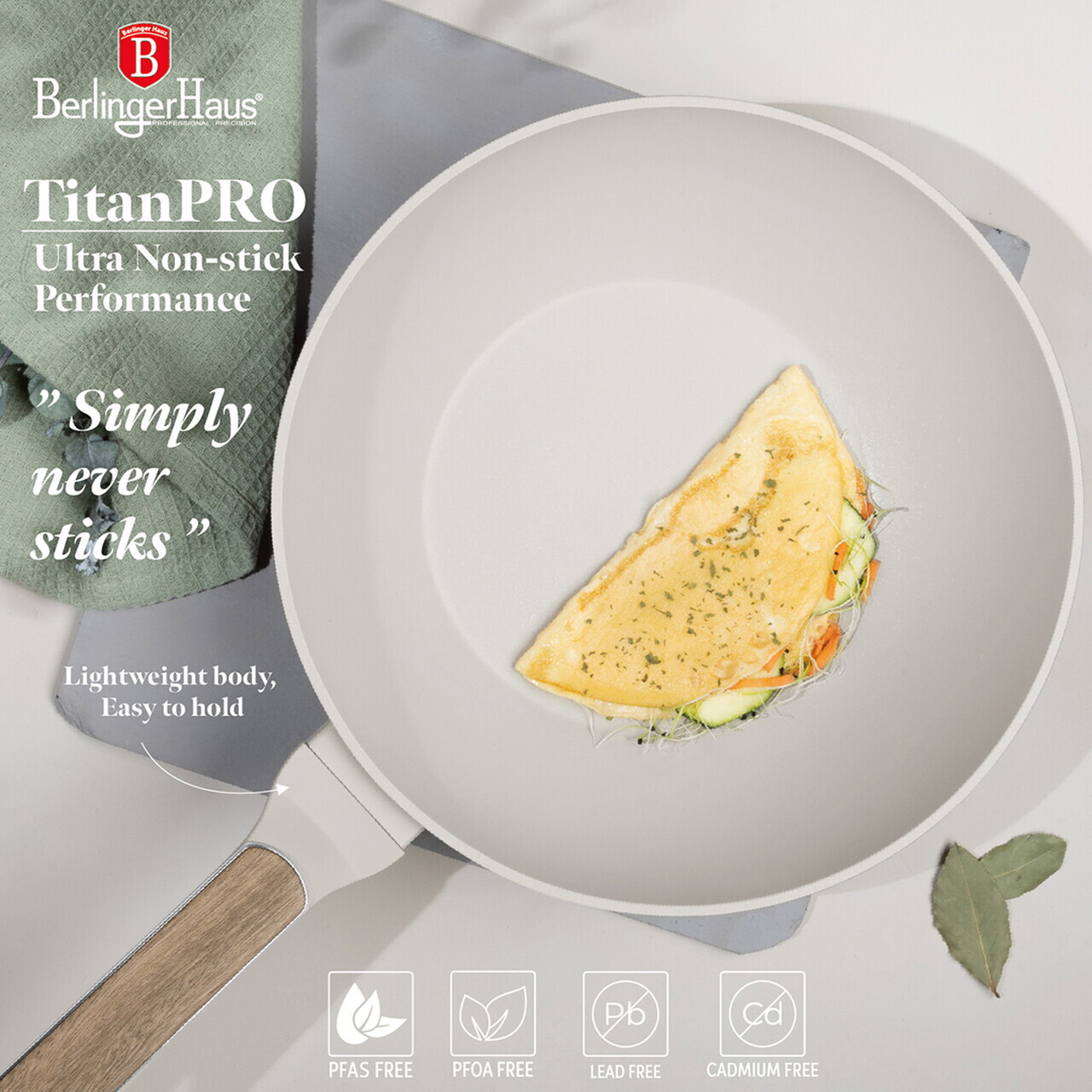 Tigaie Wok Berlinger Haus, Sahara Nordic, 28 cm, 3.5 L, aluminiu forjat, crem mat/natur - imagine 8