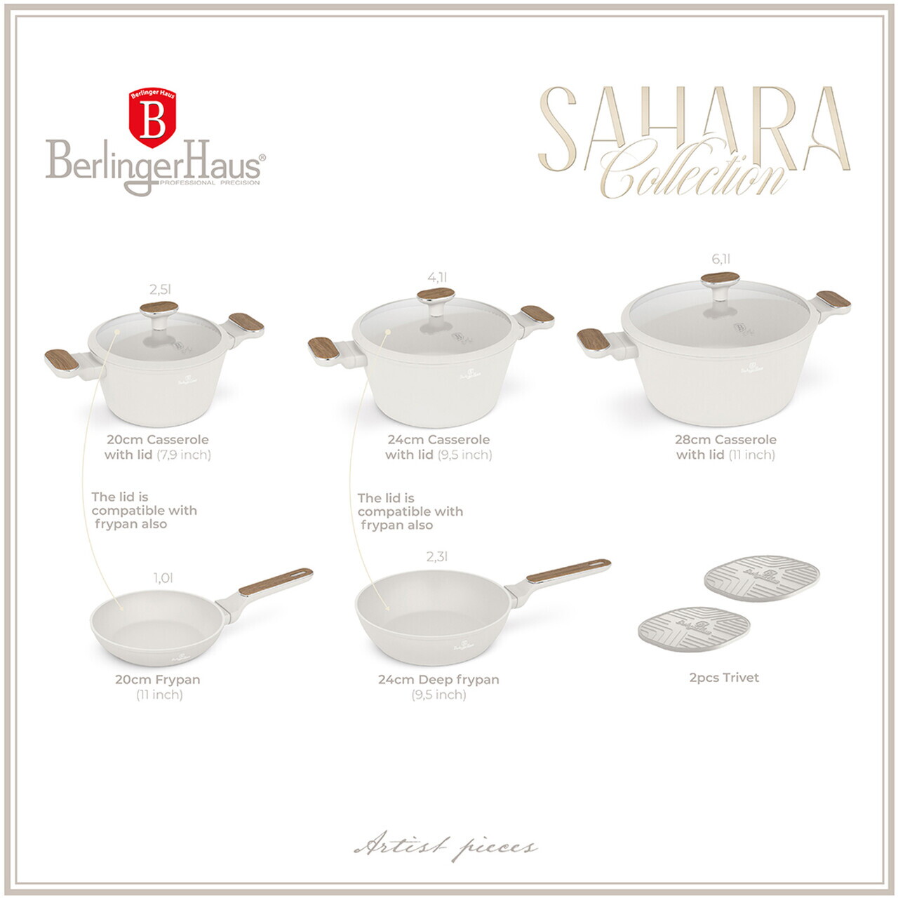 Set pentru gatit Berlinger Haus, Sahara Nordic, 10 piese, aluminiu forjat, crem mat/natur - imagine 9