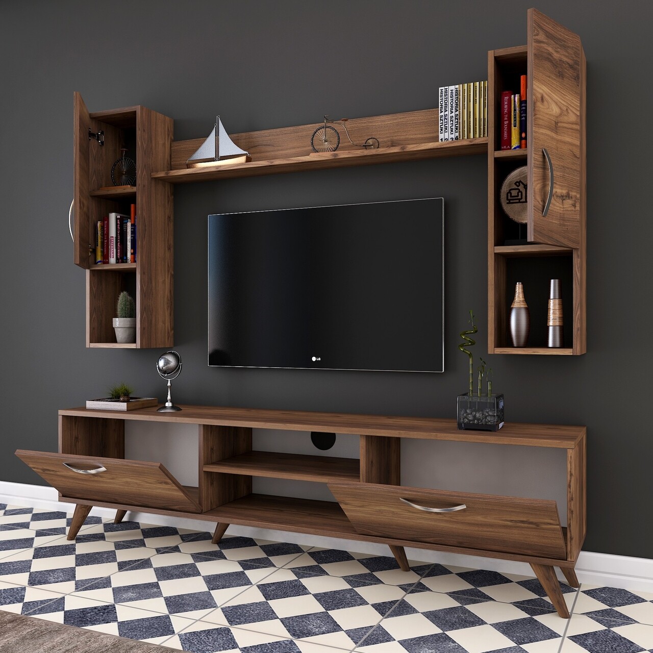 Comoda TV Cu Raft De Perete Si 2 Cabinete M27 - 284, Wren, 180 X 35 X 48.6 Cm/133 Cm, Walnut