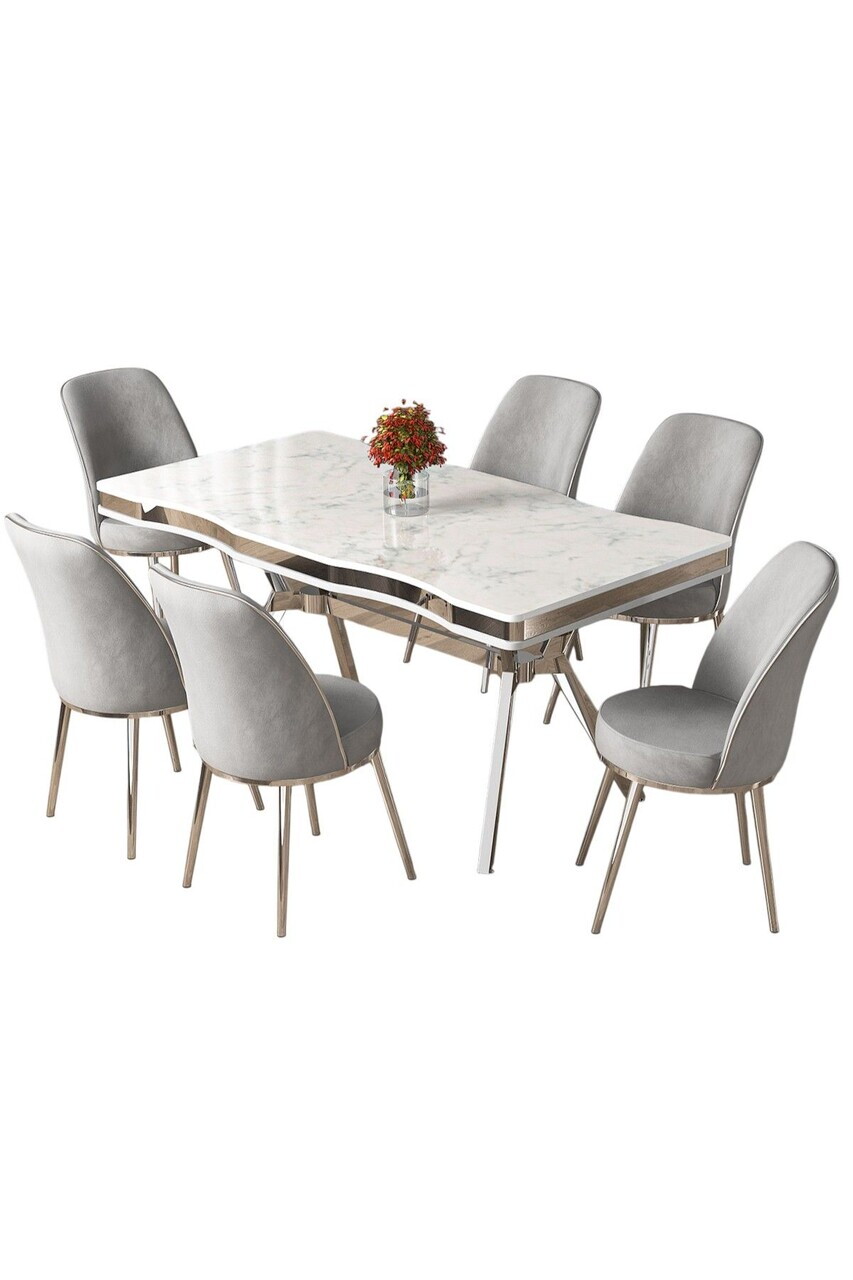 Set masa si scaune (7 piese), Hanah Home, Prah, Model de marmură albă / Crom / Gri — imaginea 2