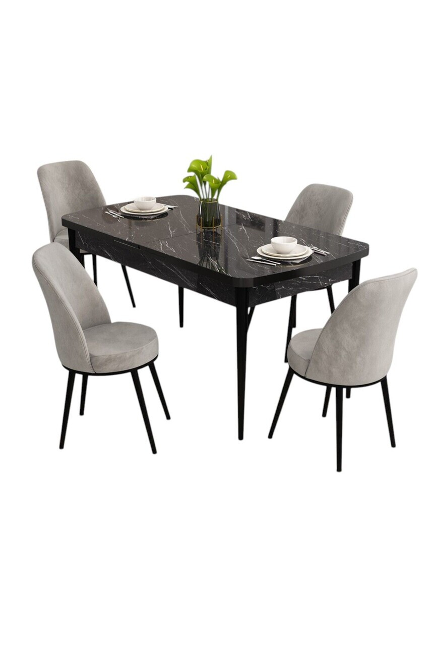 Set masa extensibila si scaune (5 piese), Hanah Home, Nix, Model de marmură neagră / Gri — imaginea 2