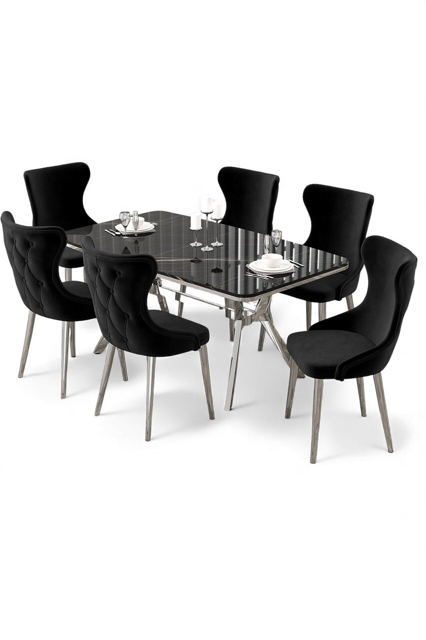 Set masa extensibila si scaune, Hanah Home, Esla, Marmură neagră / Crom / Negru - view 2