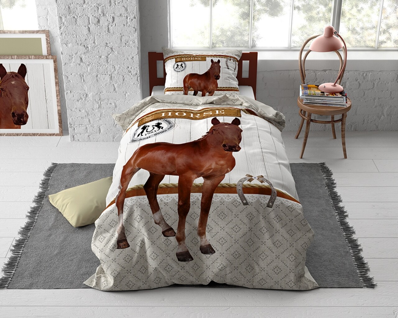 Lenjerie De Pat Pentru O Persoana, Horse Riding Brown, Dreamhouse, 2 Piese, 200x220 Cm, Bumbac, Maro