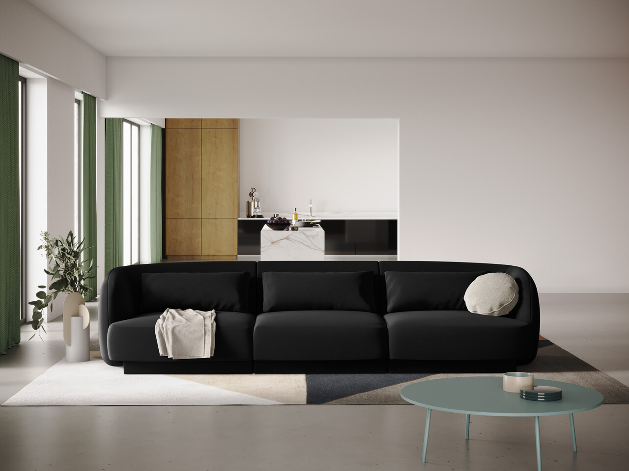 Canapea 3 locuri, Tulum, Cosmopolitan Design, 255x90x70 cm, catifea, negru