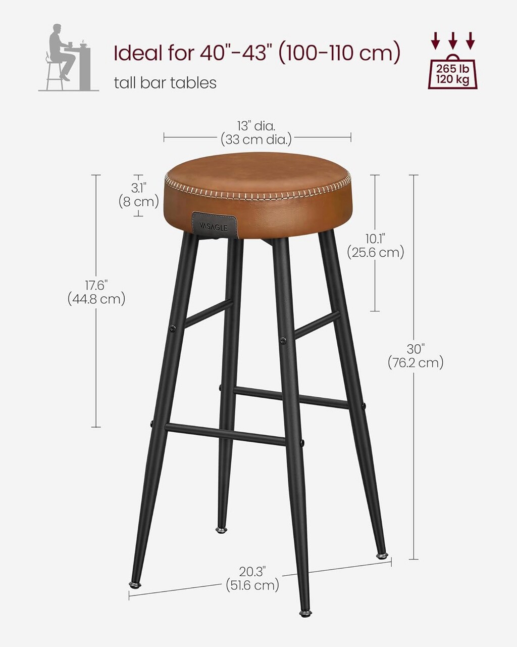 Set 2 scaune de bar Ekho, Vasagle, 51.6 x 51.6 x 75 cm, otel/piele ecologica, maro