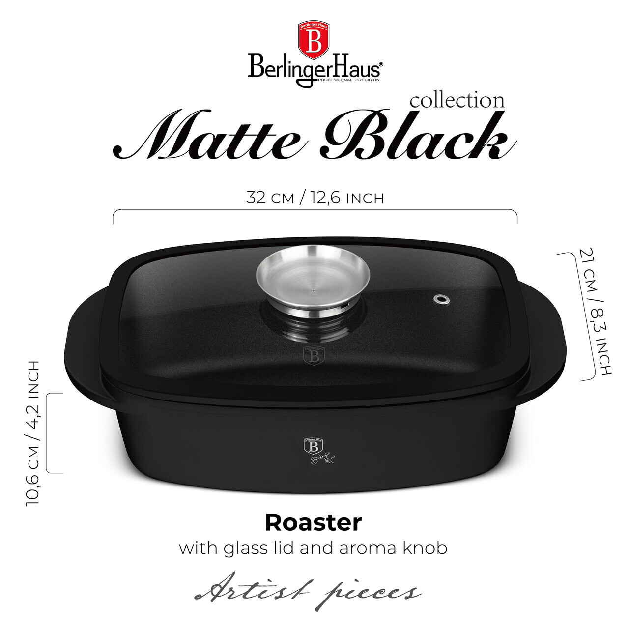 Tava cu capac Berlinger Haus, Matte Black, 32x21x10.6 cm, 6 L, aluminiu turnat, negru mat - imagine 13