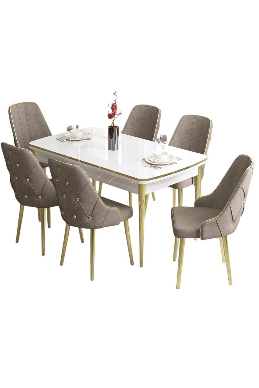 Set masa si scaune (7 piese), Hanah Home, Tia, Alb / Auriu / Cappuccino — imaginea 2