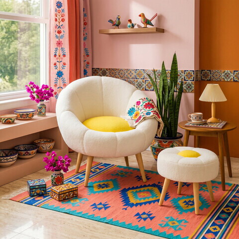 Set fotoliu cu aripioare și măsuță laterală (2 piese), Atelier del Sofa, 666HAC5110, PAL, Alb / Galben