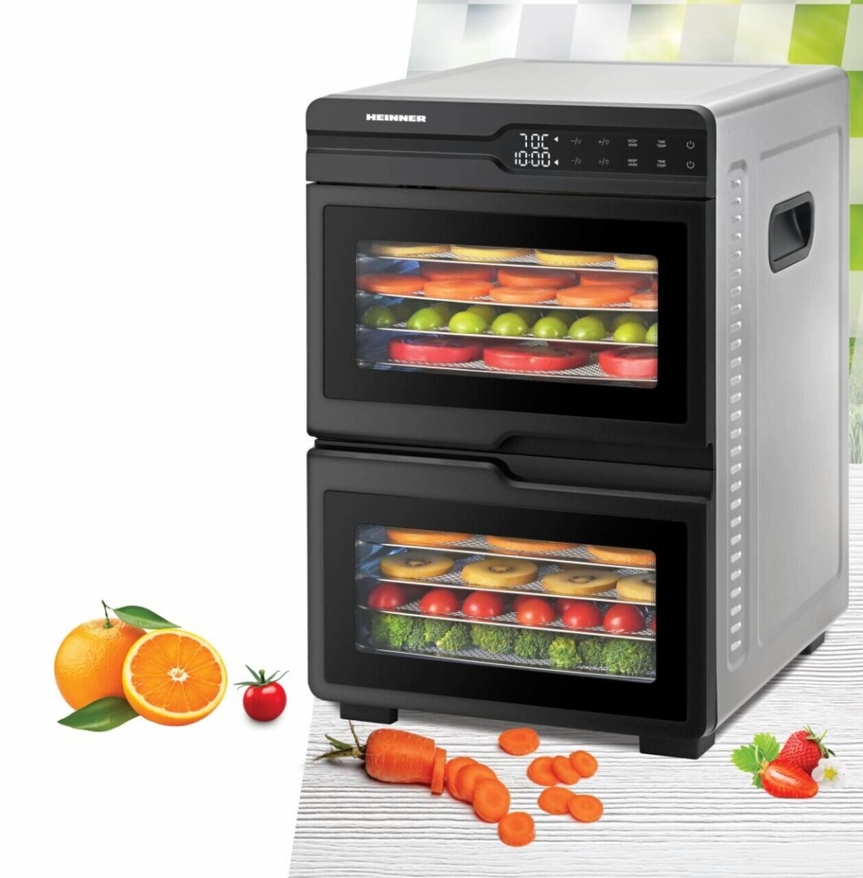 Deshidrator fructe si legume DualDry Pro, Heinner, 1000-1200W, argintiu/negru